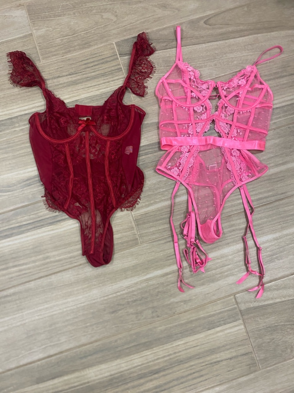 Sheer Lace Bodysuit Lingerie Set in Pink & Burgundy